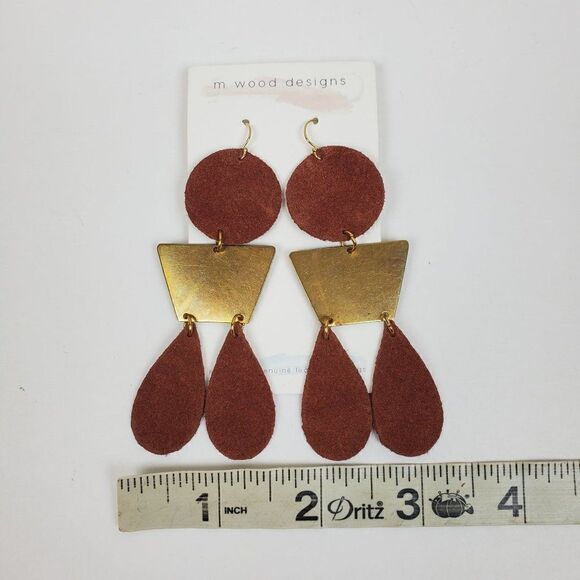 Artisan Cognac Red Brown Genuine Suede Leather Round Teardrop Dangle Earrings - Picture 4 of 6